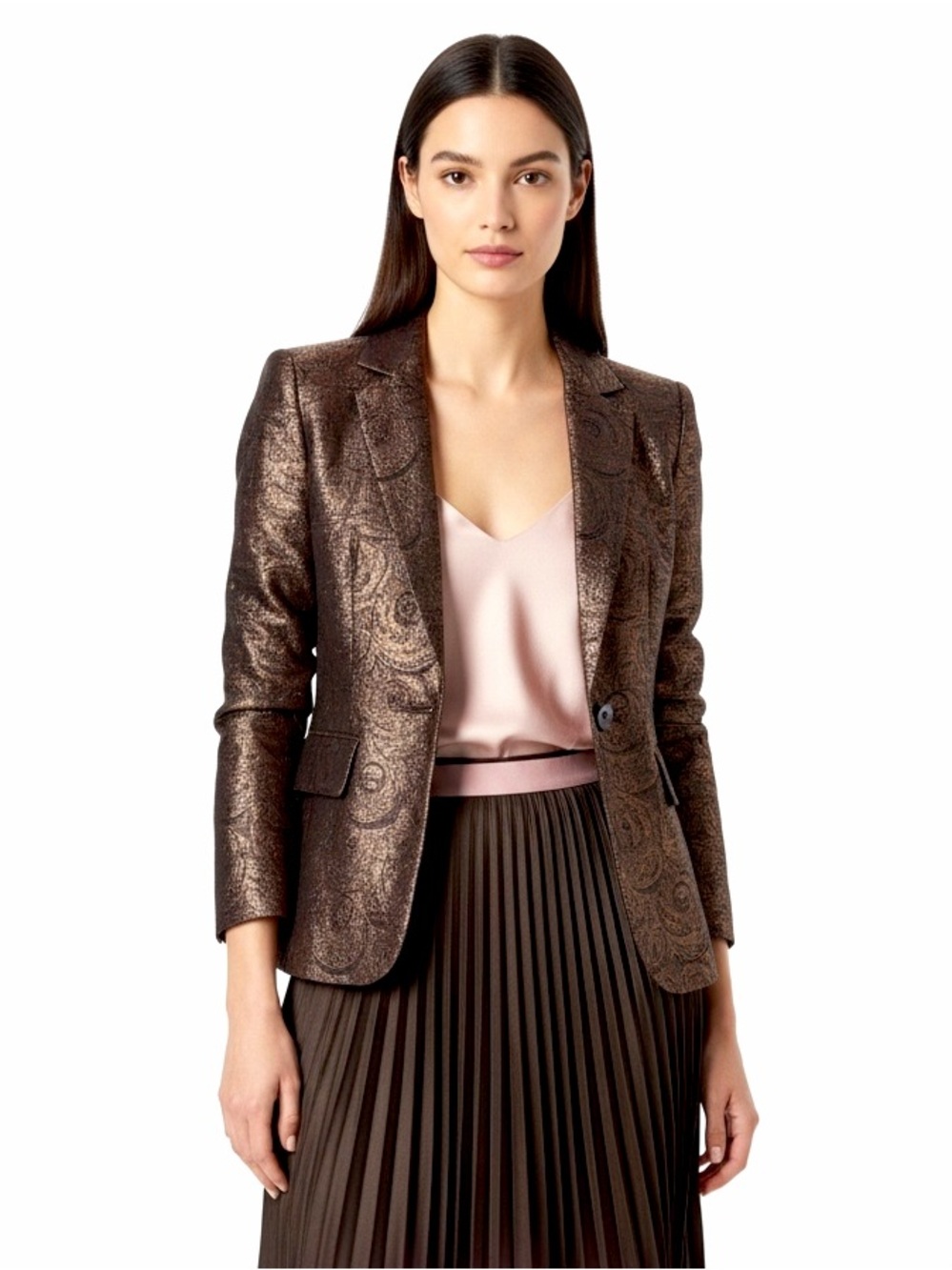 Zenobia 3-Piece Textured Blazer, Silk Camisole & Pleated Skirt Set– Size 6/4